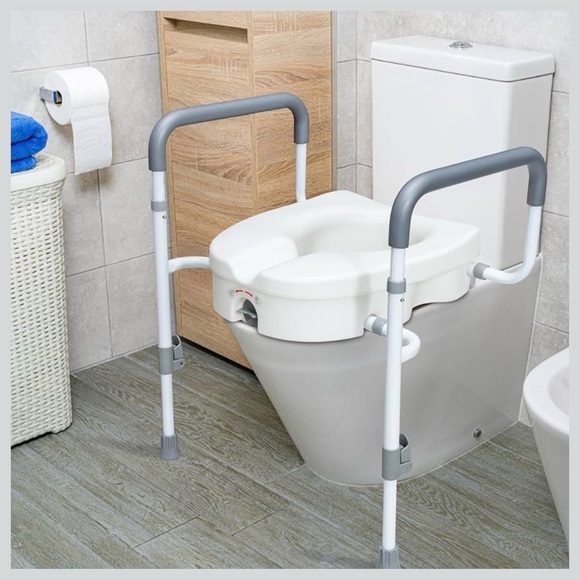 Adjustable White Raised Toilet Seat With Safety Rail - Picture 7 of 9
